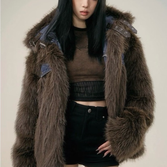 Reversible Denim Faux Fur Coat Heavy Winter Jacket M - Picture 3 of 12